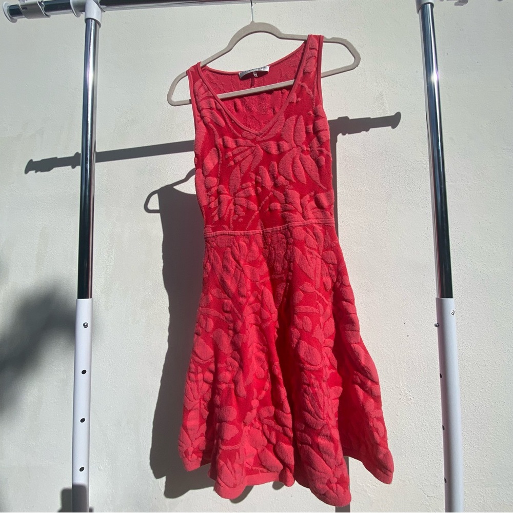 Trina Turk Coral Pink Floral Embossed Terrycloth Knit Skater Dress Size Medium